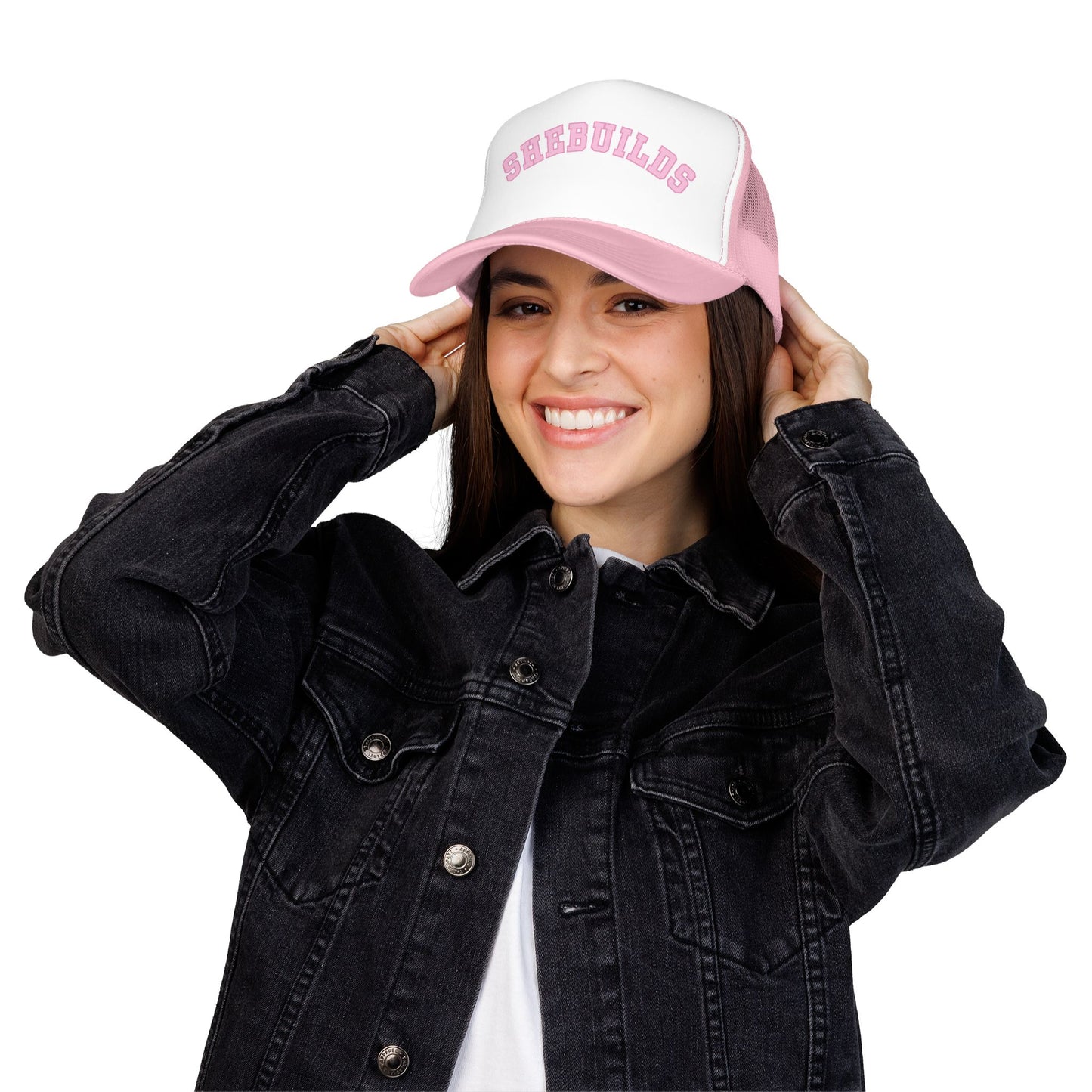 SheBuilds Pink Trucker Hat — Feminist Construction & Maker Mesh Cap