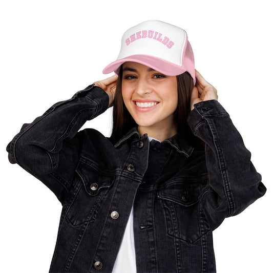SheBuilds Pink Trucker Hat — Feminist Construction & Maker Mesh Cap